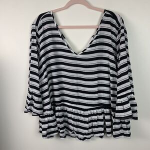 Grand & Greene Womans Ruffle Sleeve & Hem Top Plus Size 1X Black White Striped